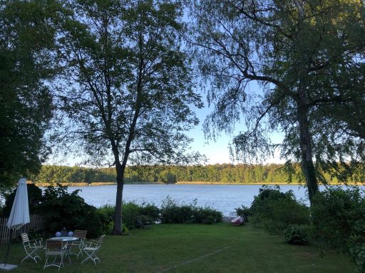 Blick auf den Molchowsee durch die Bäume von der Terrasse her